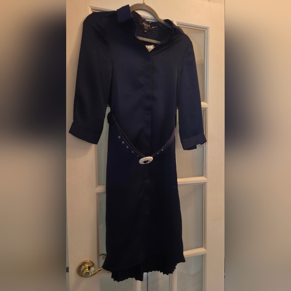 Aleeza Elegant Marquis Navy Belted Midi Dress With Pleats - Picture 6 of 9